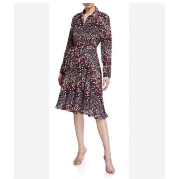 Nanette Lepore Dress SZ 2 Black Red Floral Long Sleeve Midi Button Tie Waist - Picture 1 of 13